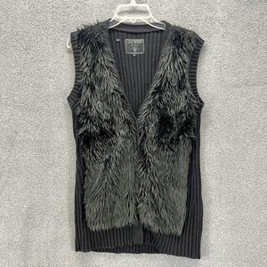 Guess Vest Womens Large‎ Black Knit Sweater Faux Fur Trim Sleeveless Top